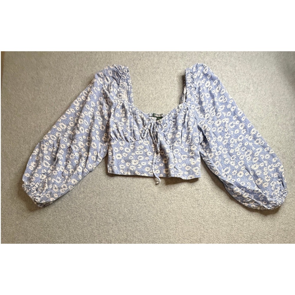 Wild Fable Blue Floral Balloon Sleeve Crop Top XS Smocked Back Square Neck
